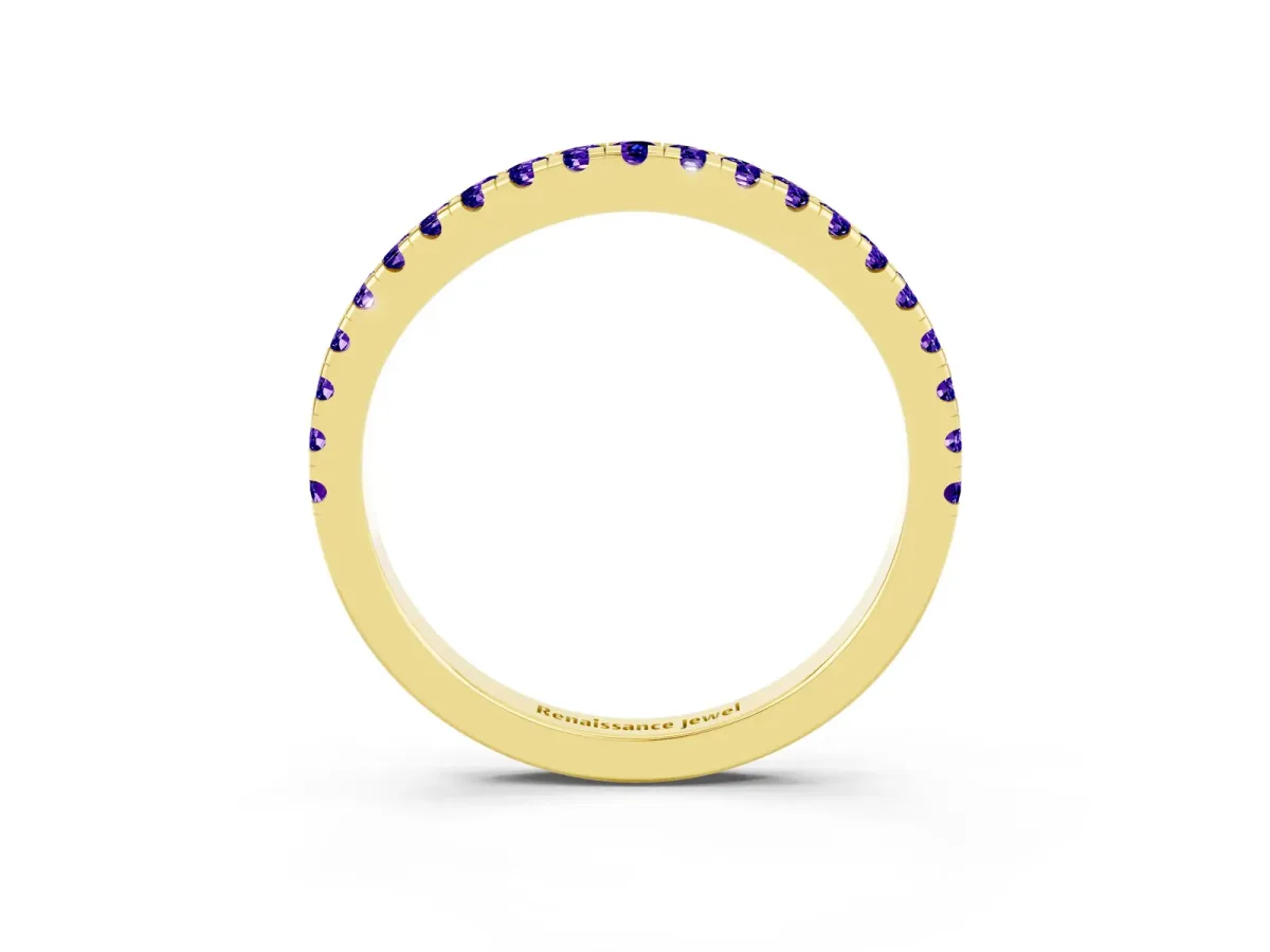 Round Tanzanite Pavé Half Eternity Band with Shared Prong Setting Yellow gold