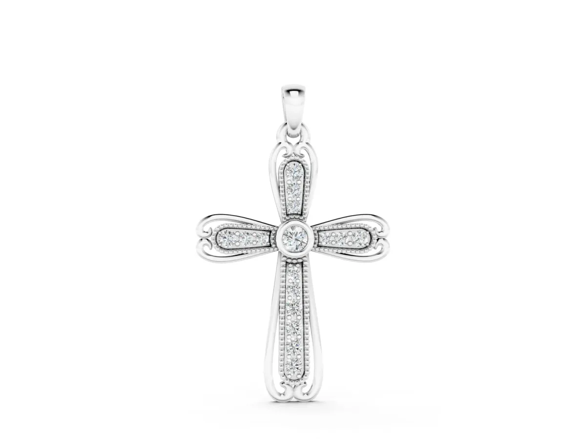 Pavé Round Diamond Cross Pendant with Bezel Setting Silver