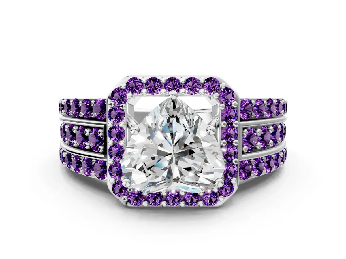 Heart Cut Halo Diamond Ring with Round Amethyst Split Shank and Prong Setting Platinum