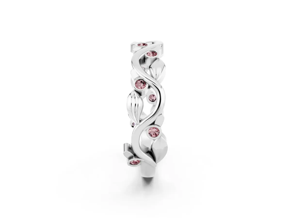 Round Morganite Leaf Eternity Band with Bezel Setting White gold