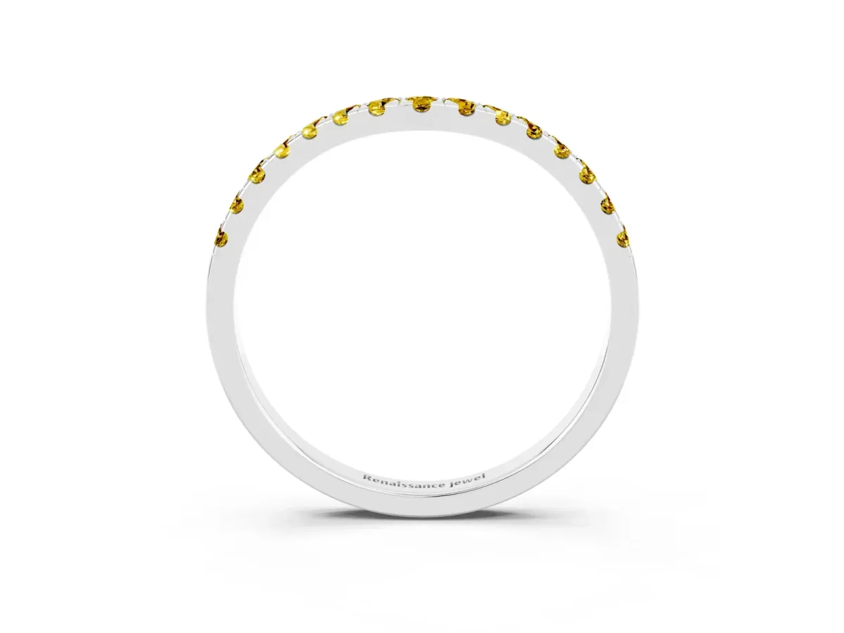 Curved Pavé Round Yellow Sapphire Wedding Band with Shared Prong Setting Platinum