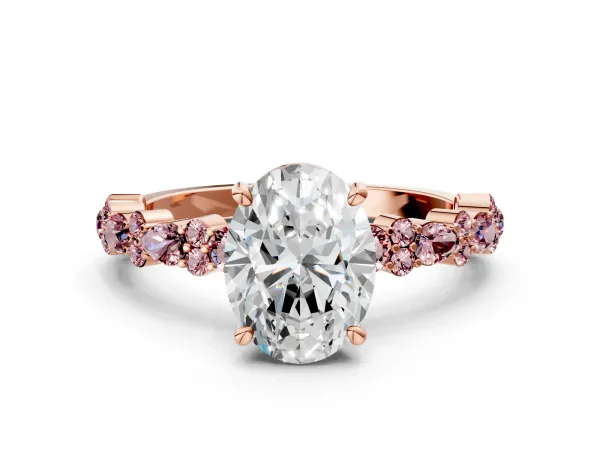 Oval Cut Diamond Side Stone Solitaire Ring with Round Morganite and Four-Prong Setting Rose gold