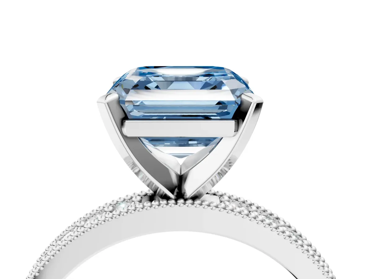 Fancy Blue Asscher Cut Diamond Milgrain Pavé Engagement Ring with Four-Prong Setting Platinum