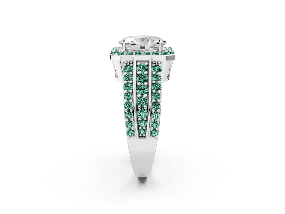 Oval Cut Halo Diamond Ring with Round Green Sapphire Split Shank and Prong Setting Silver