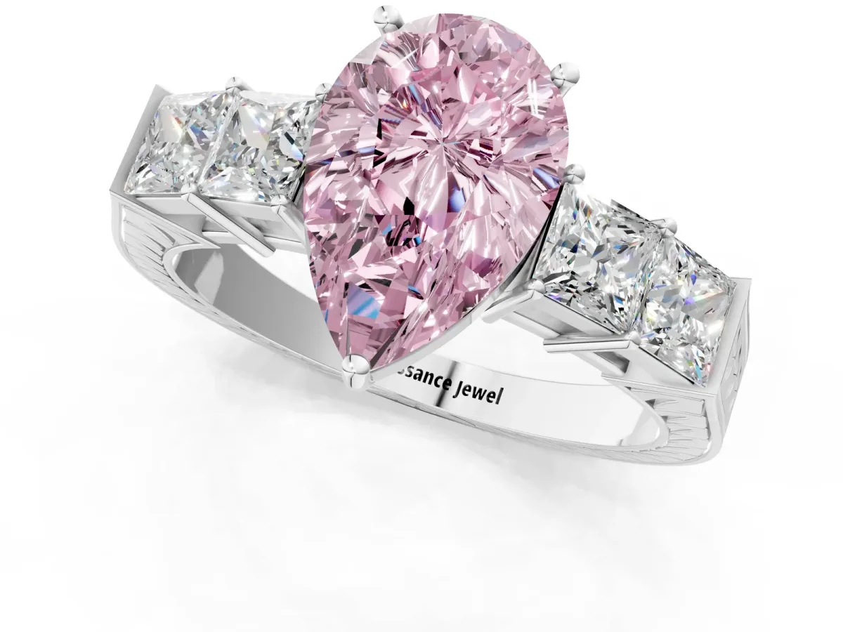 Fancy Pink Pear Cut Solitaire Princess Side Stone Engraved Band Prong Setting Ring White gold