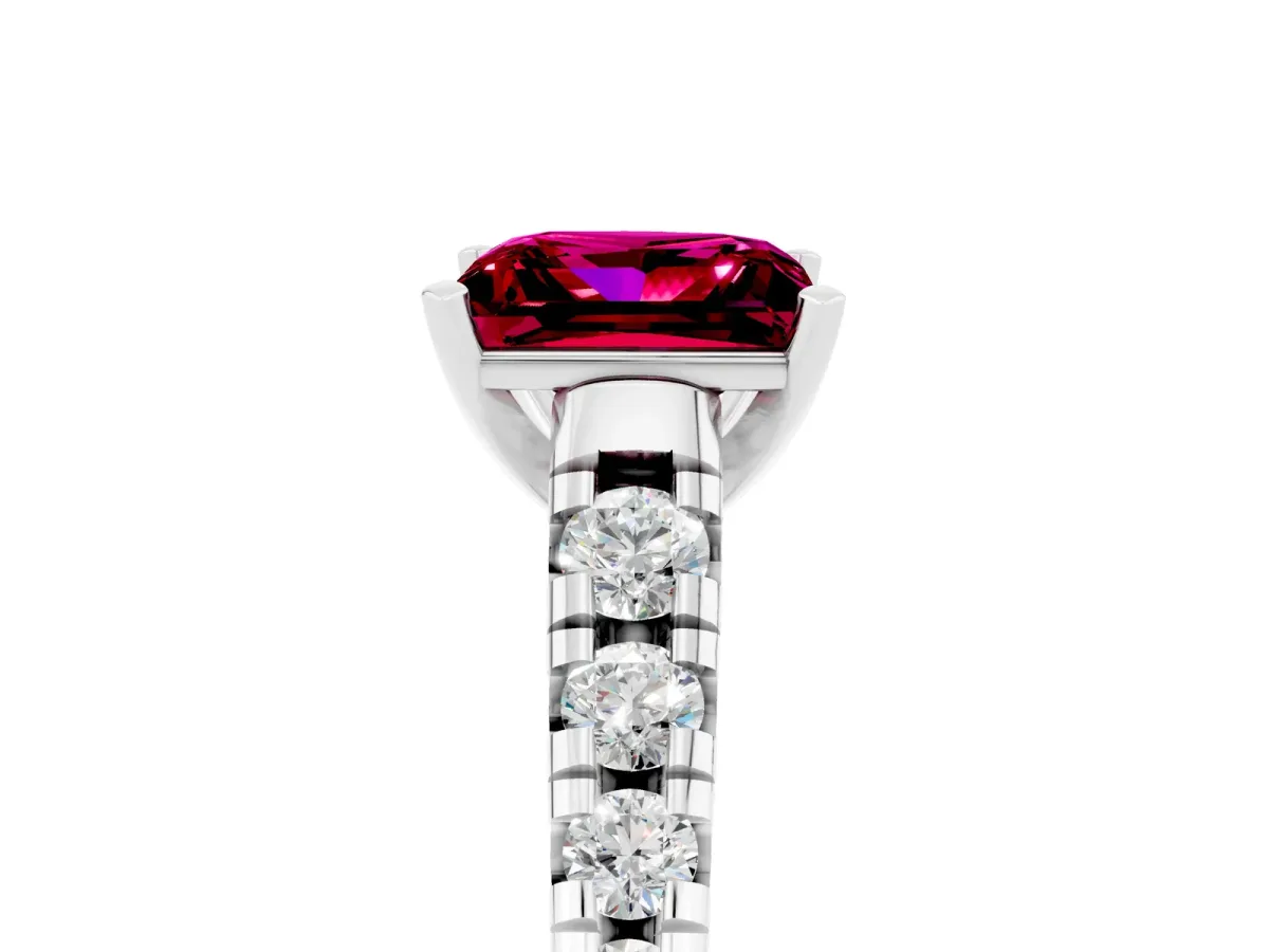 Princess Cut Garnet Cathedral Solitaire Ring with Round Pavé Band Silver