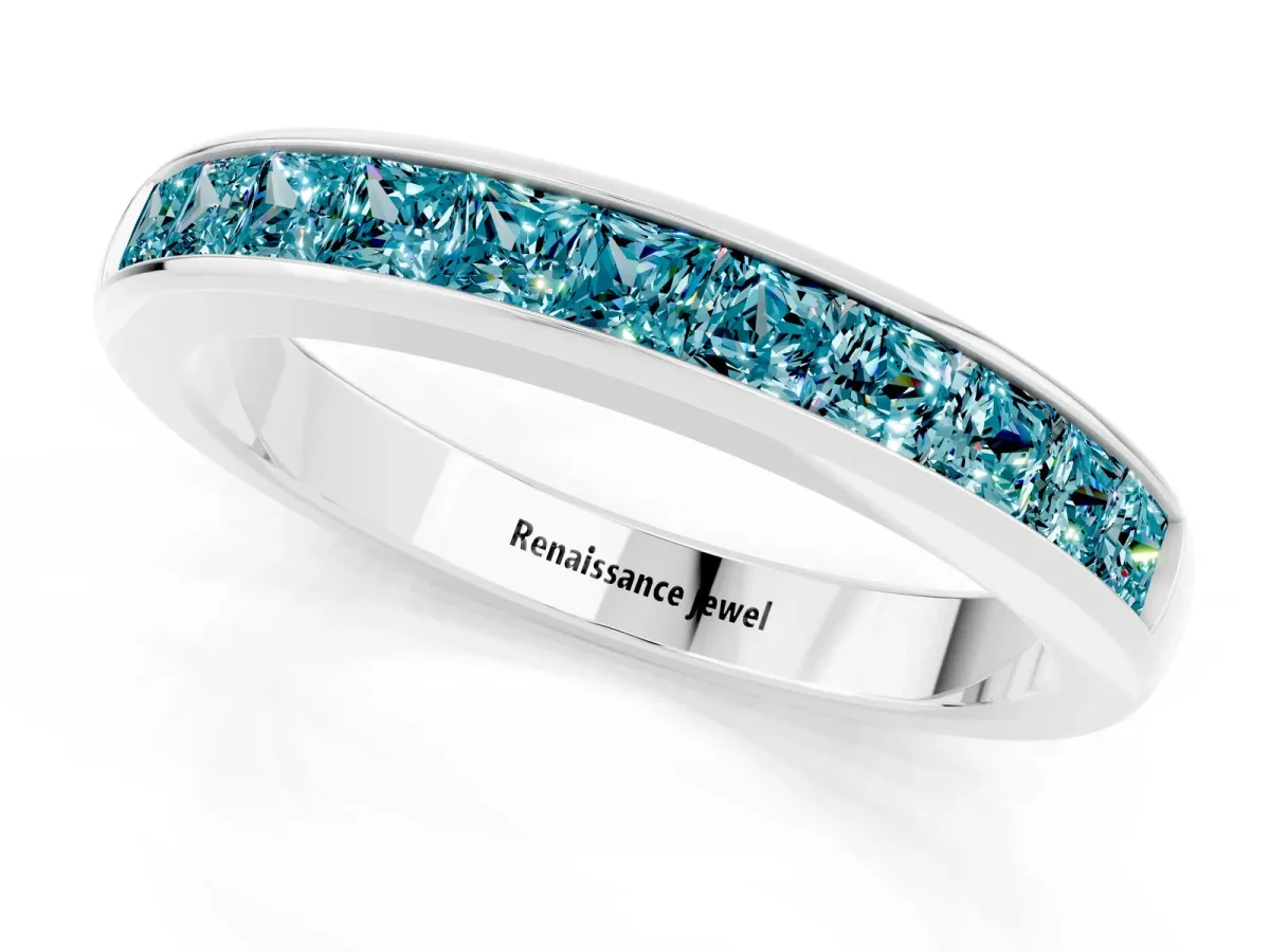 Channel Set Princess Cut Blue Topaz Eternity Band Silver