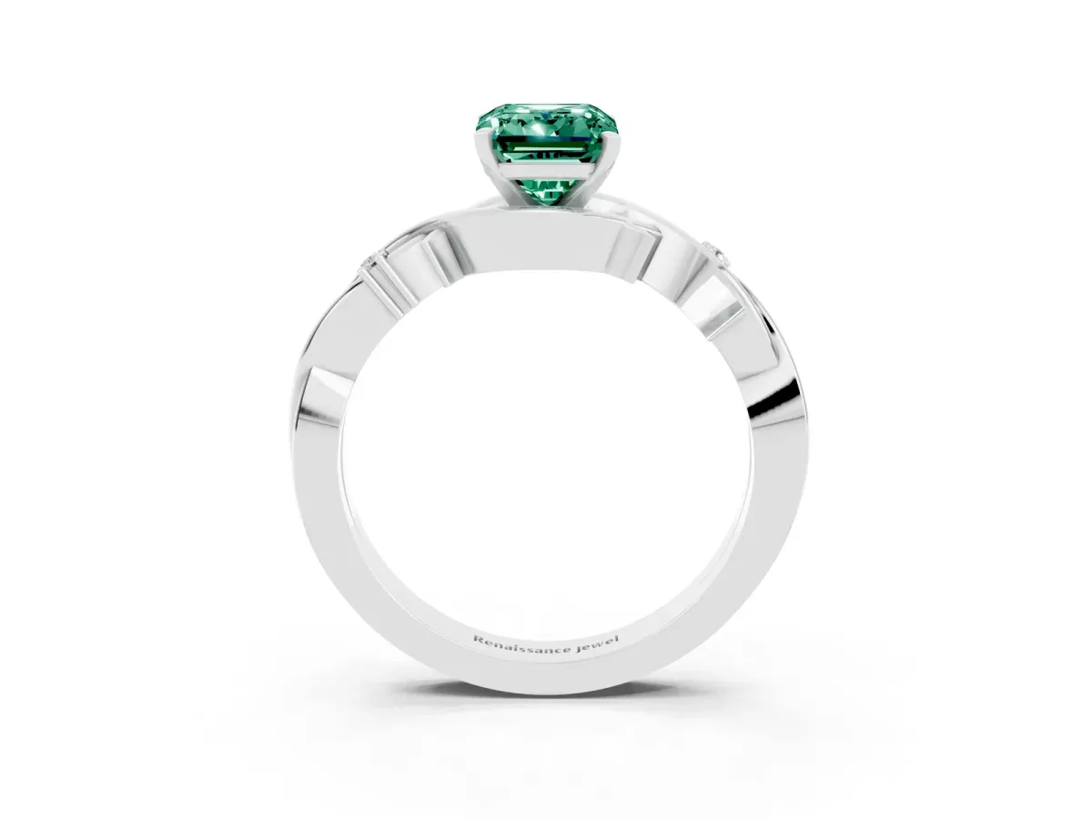 Emerald Cut Green Sapphire Solitaire Ring with Twisted Band and Prong Setting Silver
