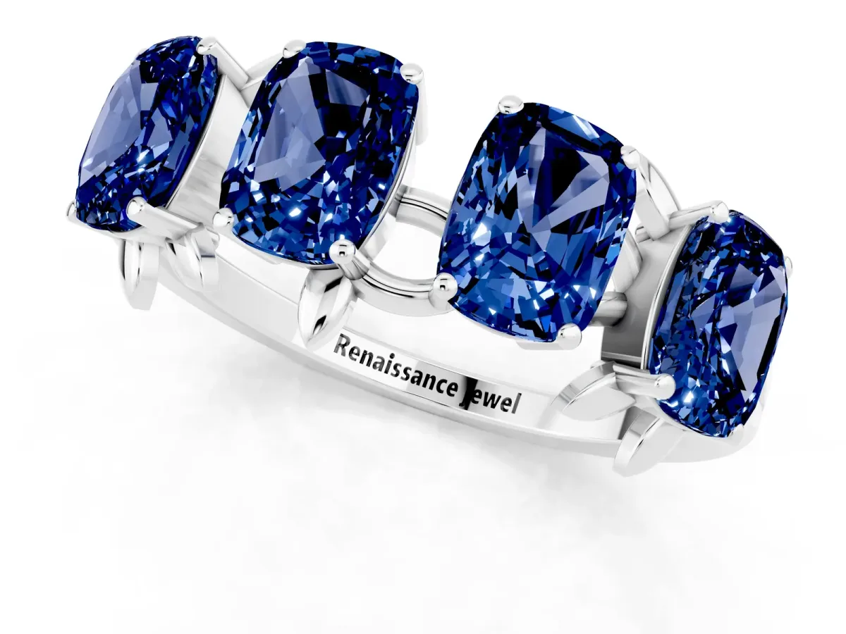 Emerald Cut Blue Sapphire Prong-Set Half Eternity Band White gold