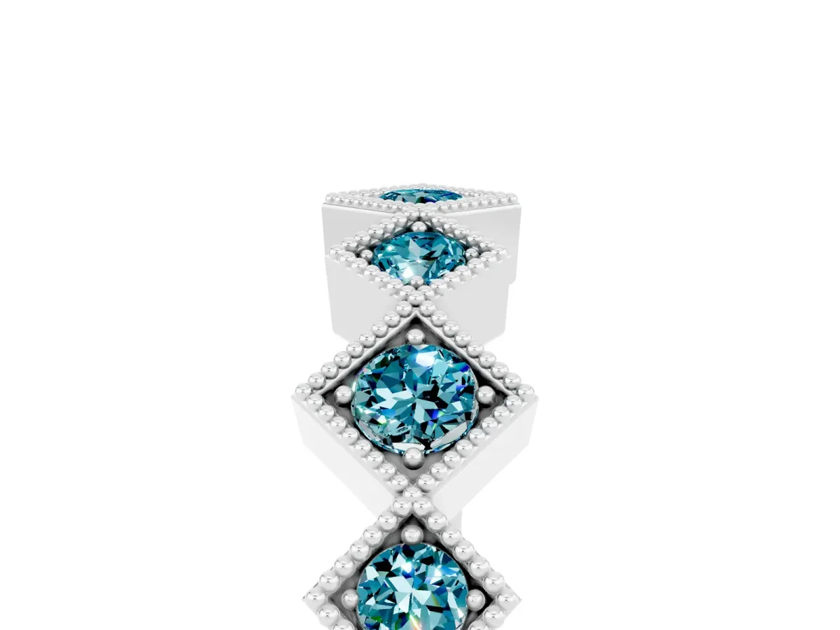 Milgrain Square Bezel Round Blue Topaz Chevron Band White gold