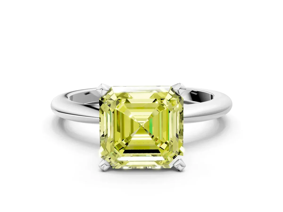 Fancy Yellow Asscher Cut Diamond Solitaire Ring with Six-Prong Setting and Classic Band Silver