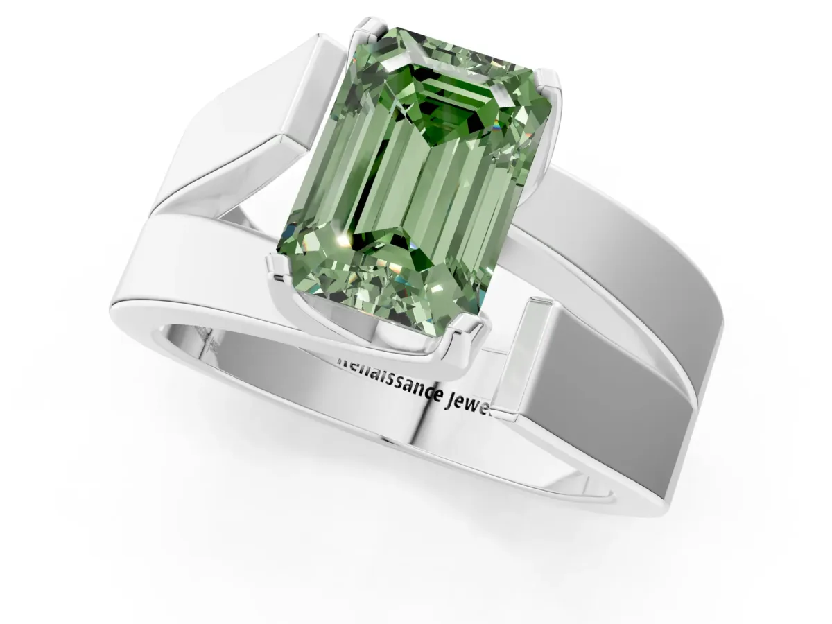 Fancy Green Modern Tension Set Emerald Cut Diamond Solitaire Wide Band Ring Platinum