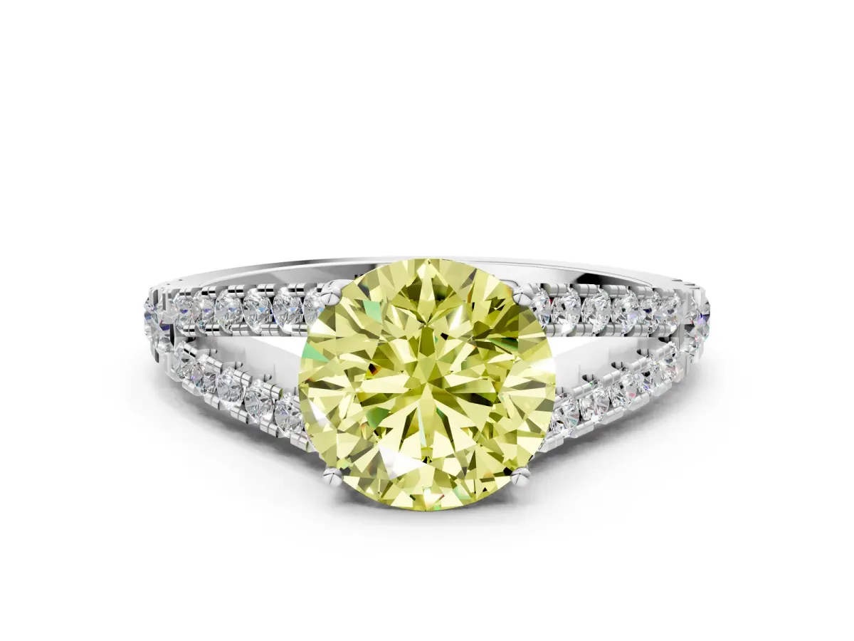 Fancy Yellow Round Cut Diamond Split Shank Engagement Ring with Round Pavé and Prong Setting Platinum