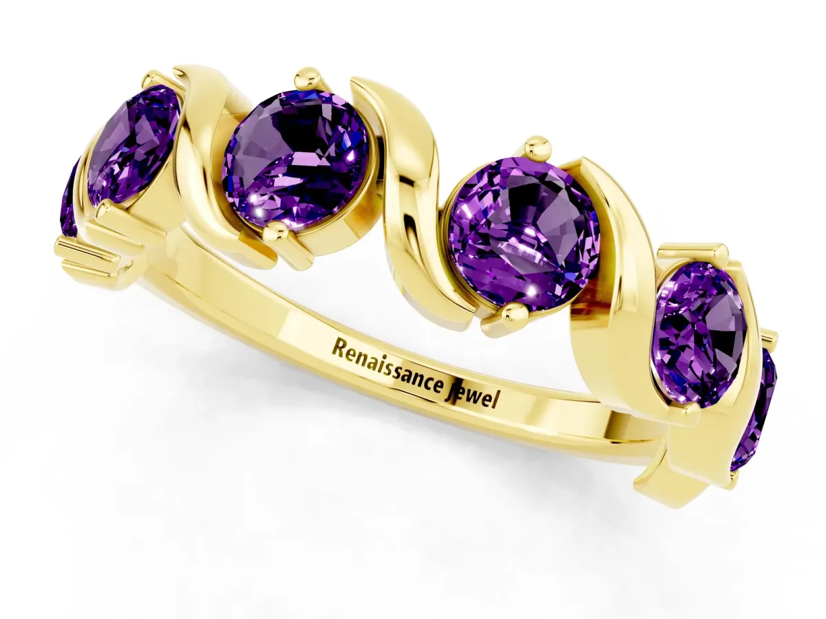 Round Amethyst Half Eternity Band with Wave Prong Setting Yellow gold