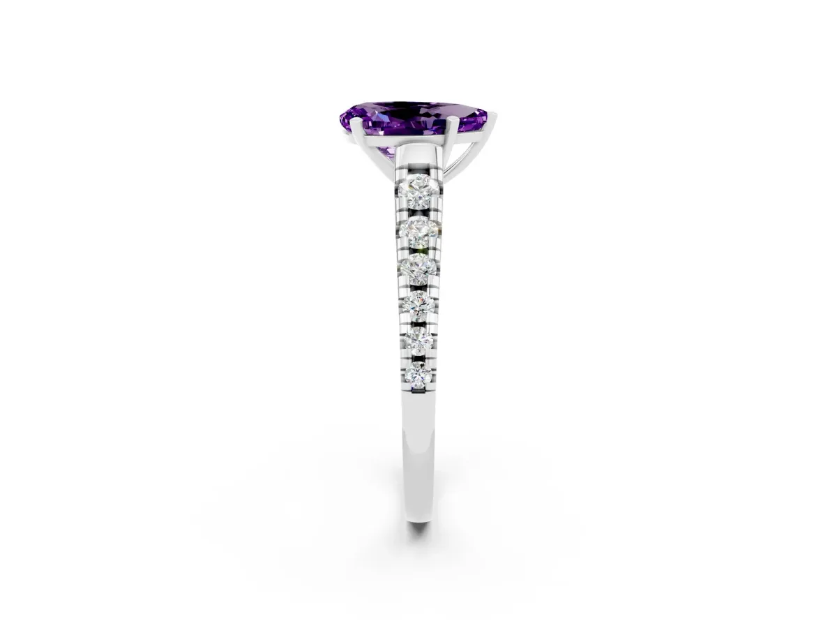 Pear Cut Amethyst Cathedral Solitaire Ring with Round Pavé Band White gold