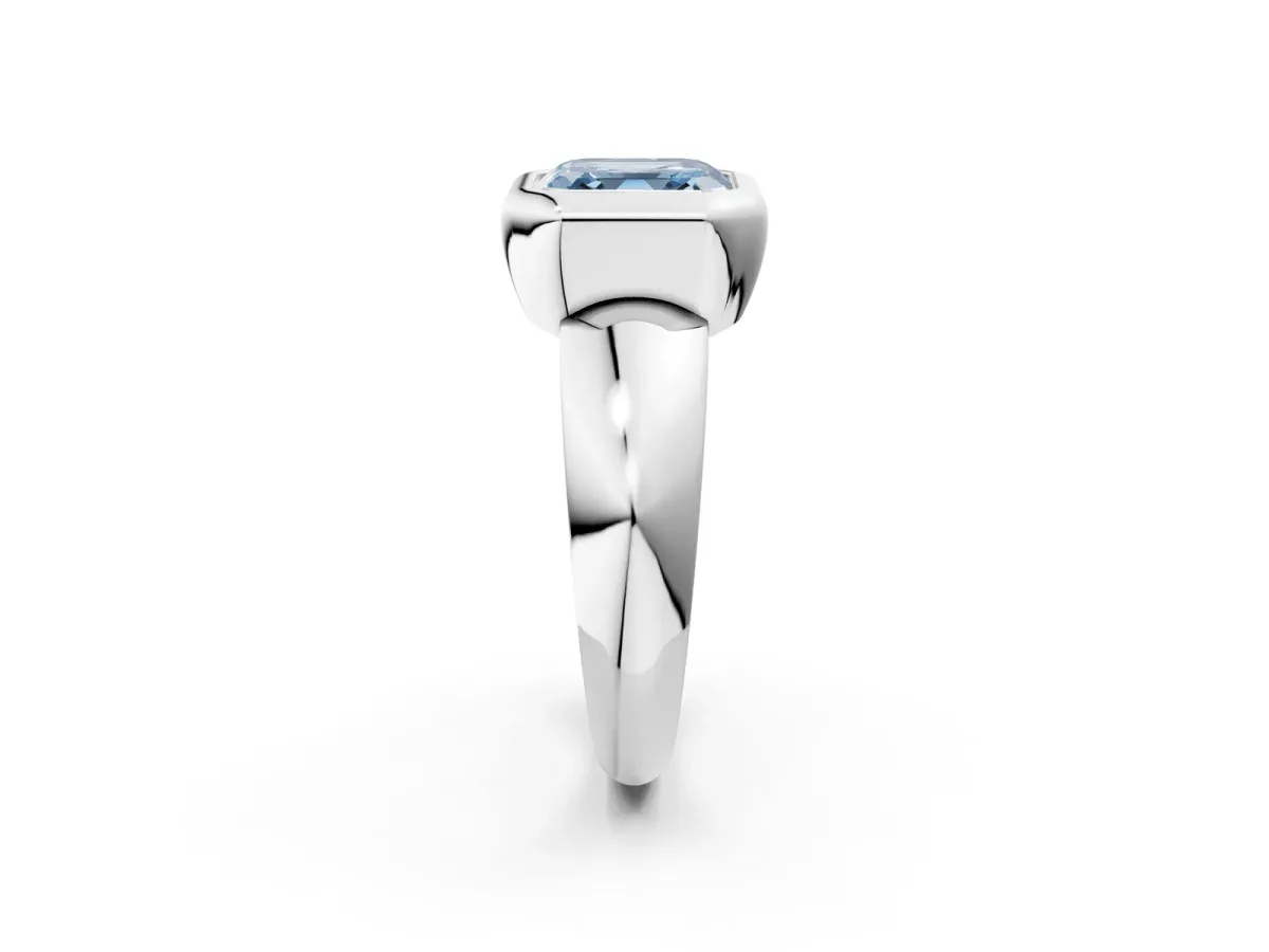 Fancy Blue Bezel Set Asscher Cut Solitaire Ring with Wide Band Platinum