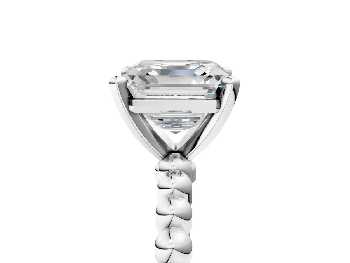Asscher Cut Diamond Solitaire Ring with Beaded Band and Prong Setting Platinum