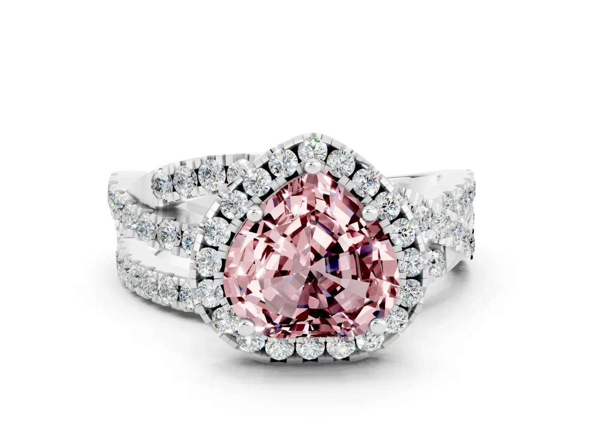 Heart Cut Morganite Halo Ring with Round Split Shank and Prong Setting Platinum