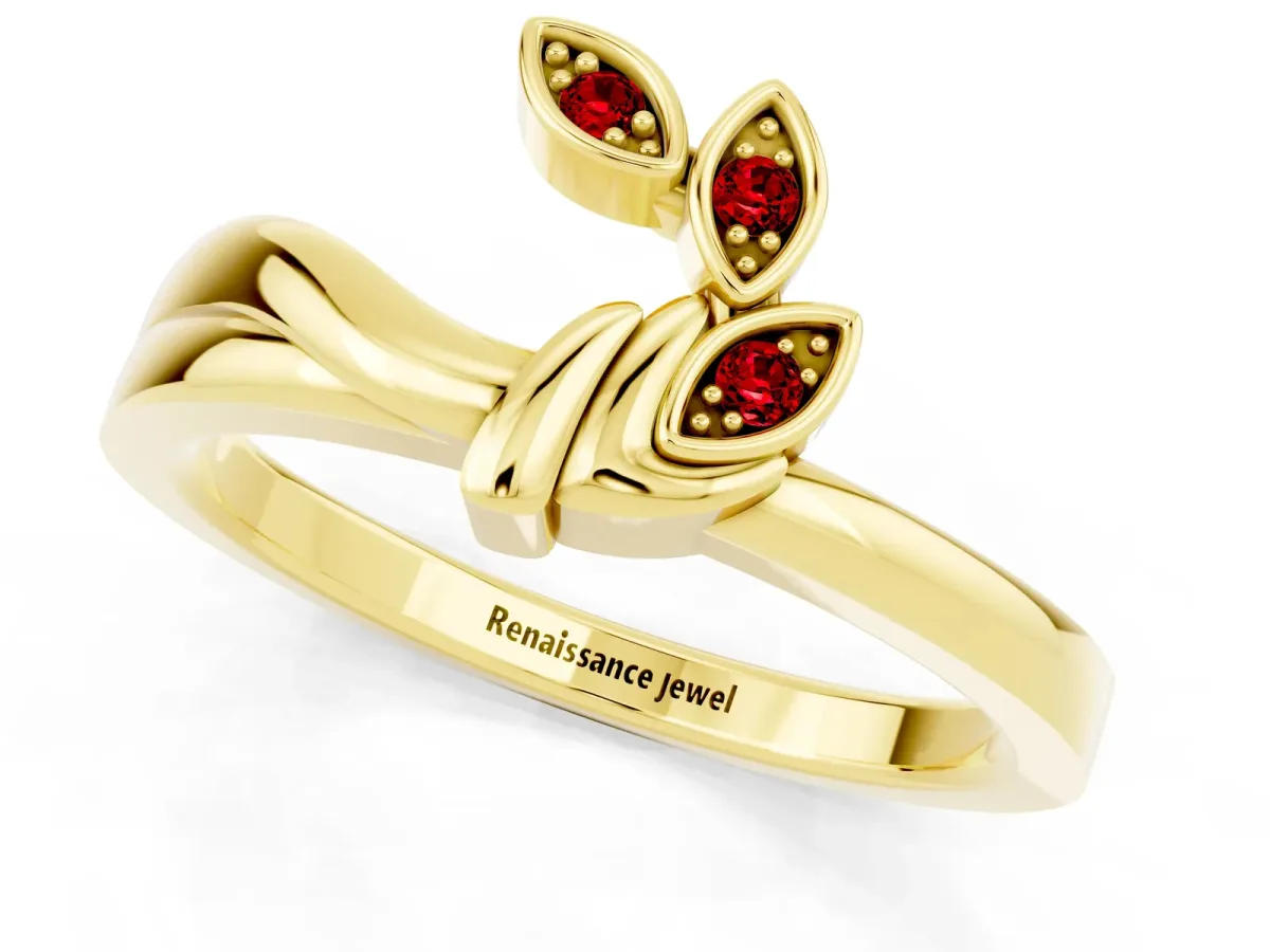 Three-Stone Round Ruby Leaf Bypass Ring with Bezel Setting Yellow gold