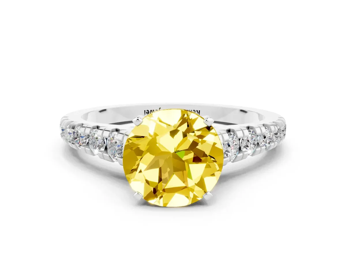 Round Cut Yellow Sapphire Cathedral Solitaire Ring with Round Pavé Band Silver