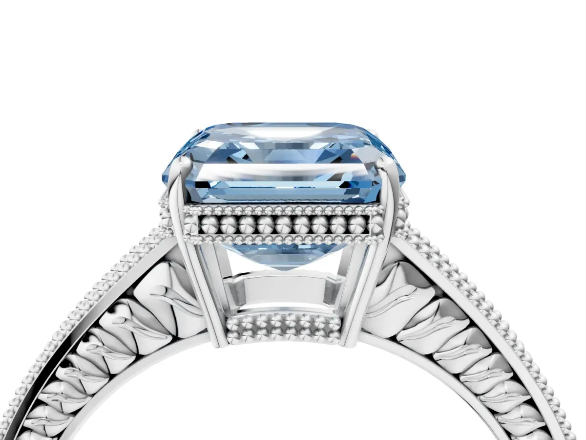 Fancy Blue Asscher Cut Cut Diamond Milgrain Pave Band Four-Prong Setting Ring Platinum