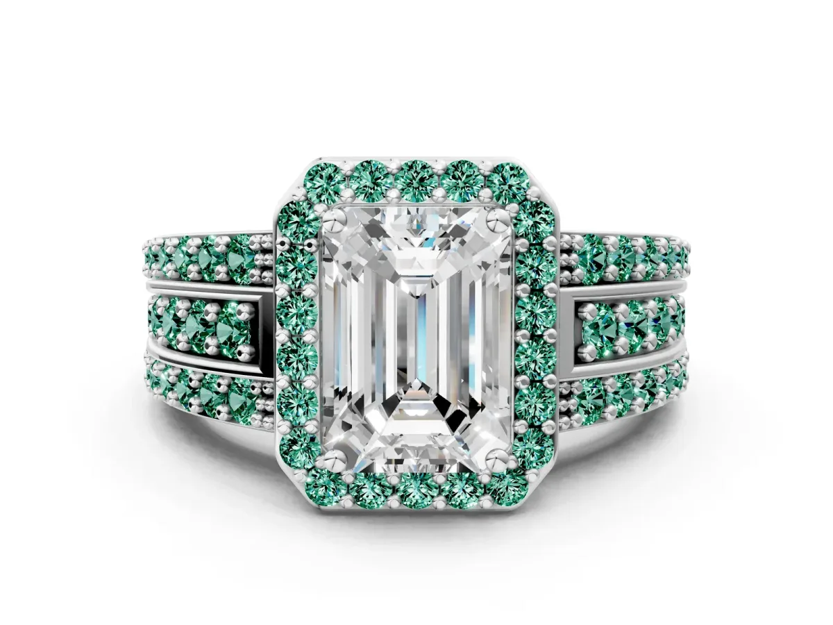 Emerald Cut Halo Diamond Ring with Round Green Sapphire Split Shank and Prong Setting Silver