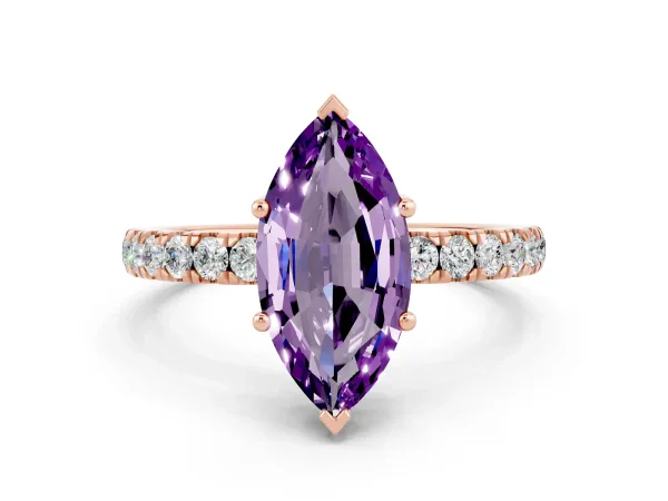 Marquise Cut Amethyst Pave Band Solitaire Ring with Round and Prong Setting Rose gold