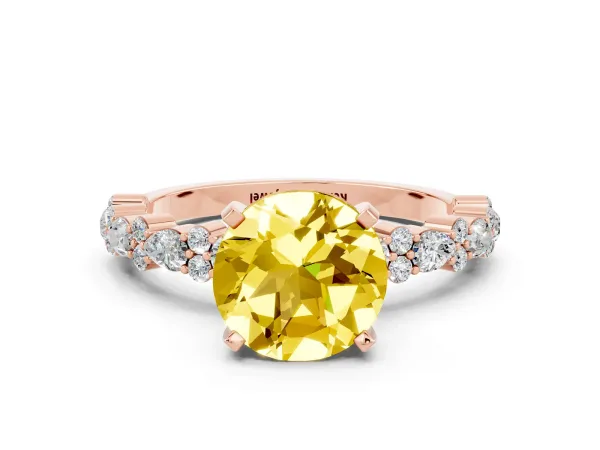 Round Cut Yellow Sapphire Side Stone Solitaire Ring with Round and Four-Prong Setting Rose gold