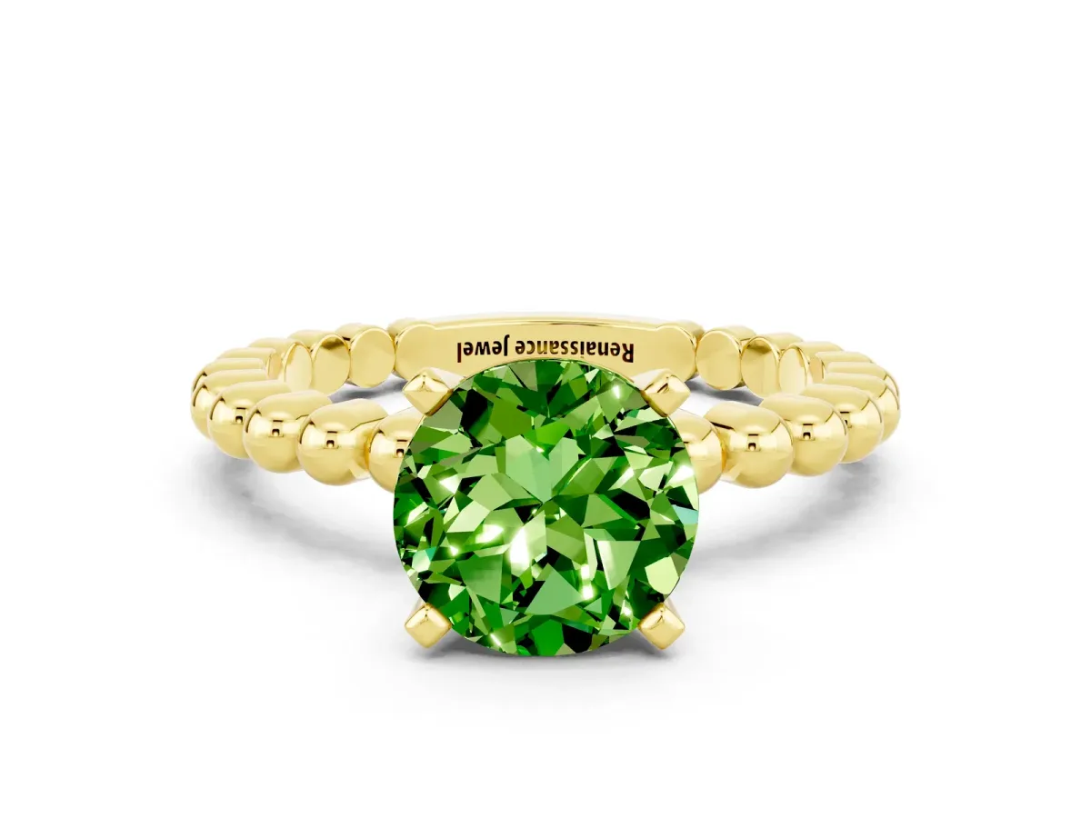Round Cut Peridot Solitaire Ring with Beaded Band and Prong Setting Yellow gold