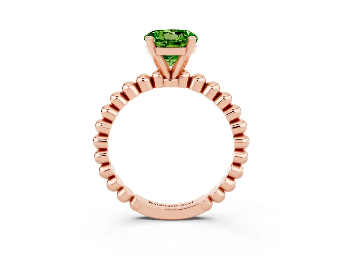 Round Cut Peridot Solitaire Ring with Beaded Band and Prong Setting Rose gold