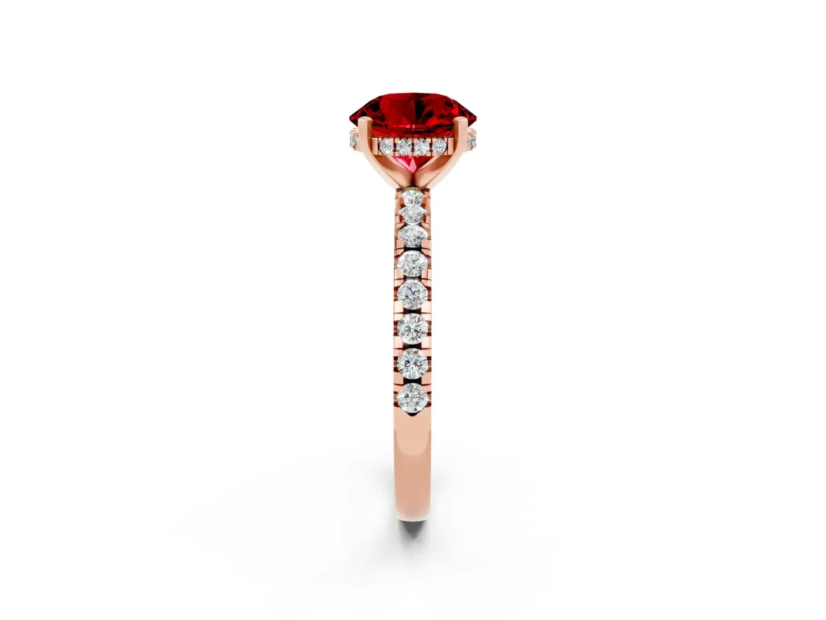 Round Cut Ruby Solitaire Ring with Round Pavé Band and Four-Prong Setting Rose gold