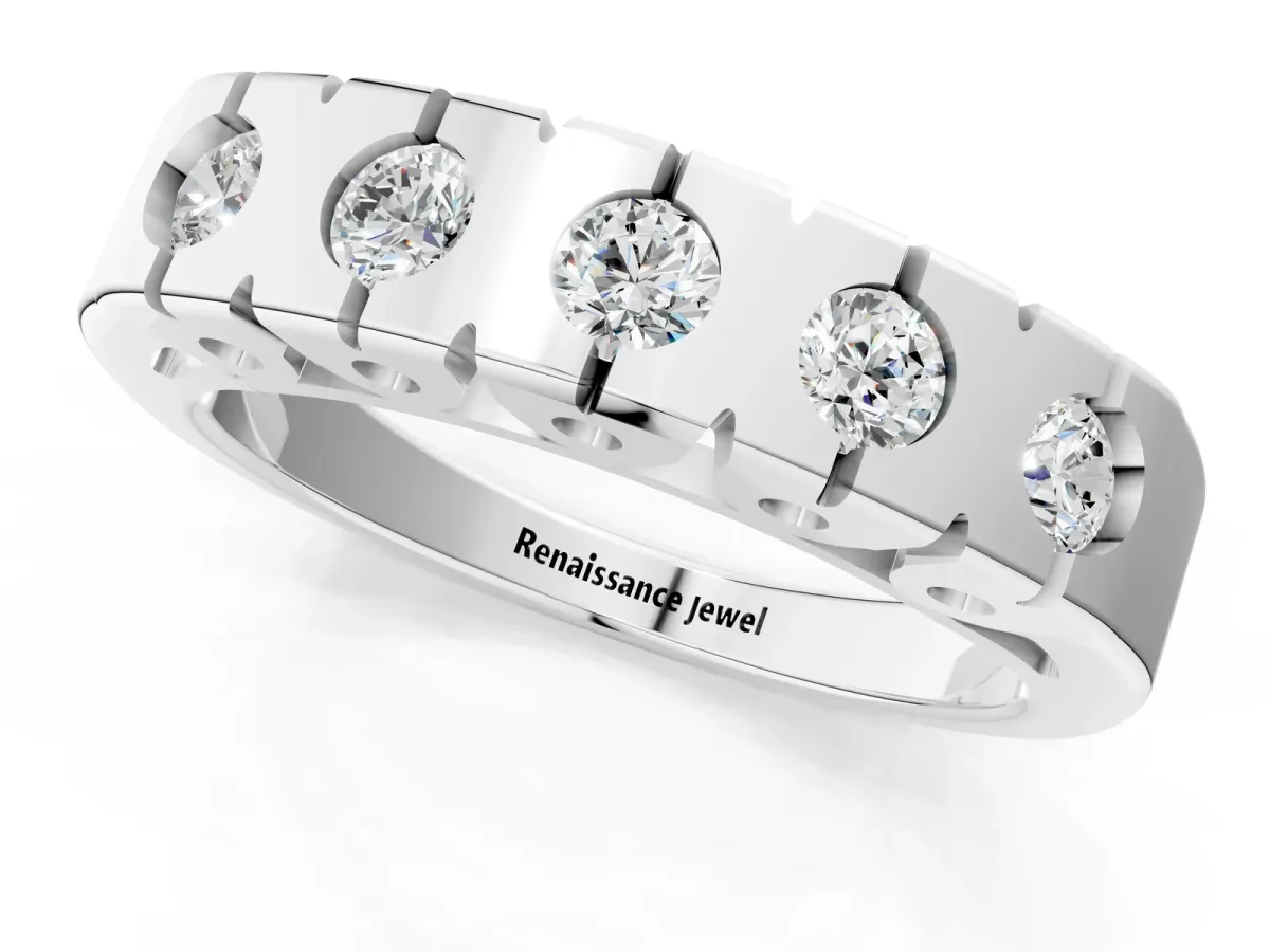 Channel Set Round Diamond Flat Band with Prong Setting Silver