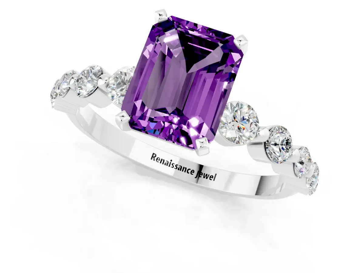 Emerald Cut Solitaire Amethyst Ring with Pave Band and Four-Prong Setting Platinum