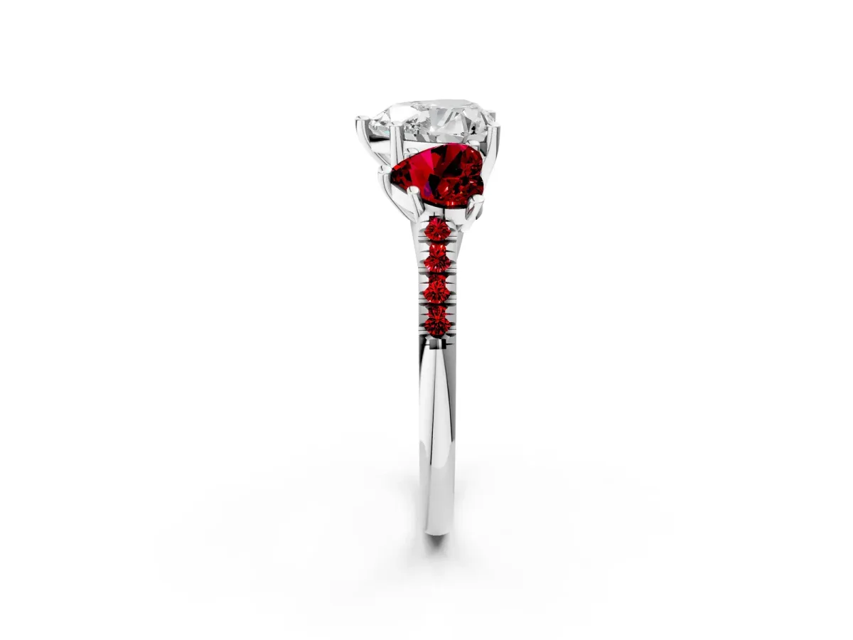 Three-Stone Heart Cut Diamond Ring with Round Ruby Pavé Band and Prong Setting Silver