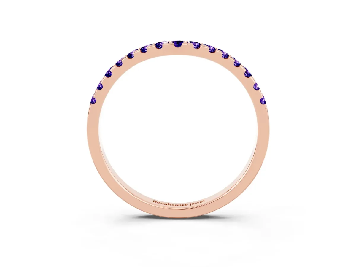 Curved Pavé Round Tanzanite Wedding Band with Shared Prong Setting Rose gold