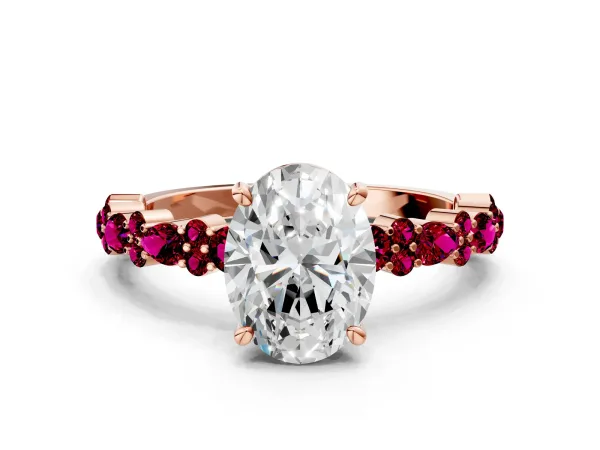 Oval Cut Diamond Side Stone Solitaire Ring with Round Garnet and Four-Prong Setting Rose gold