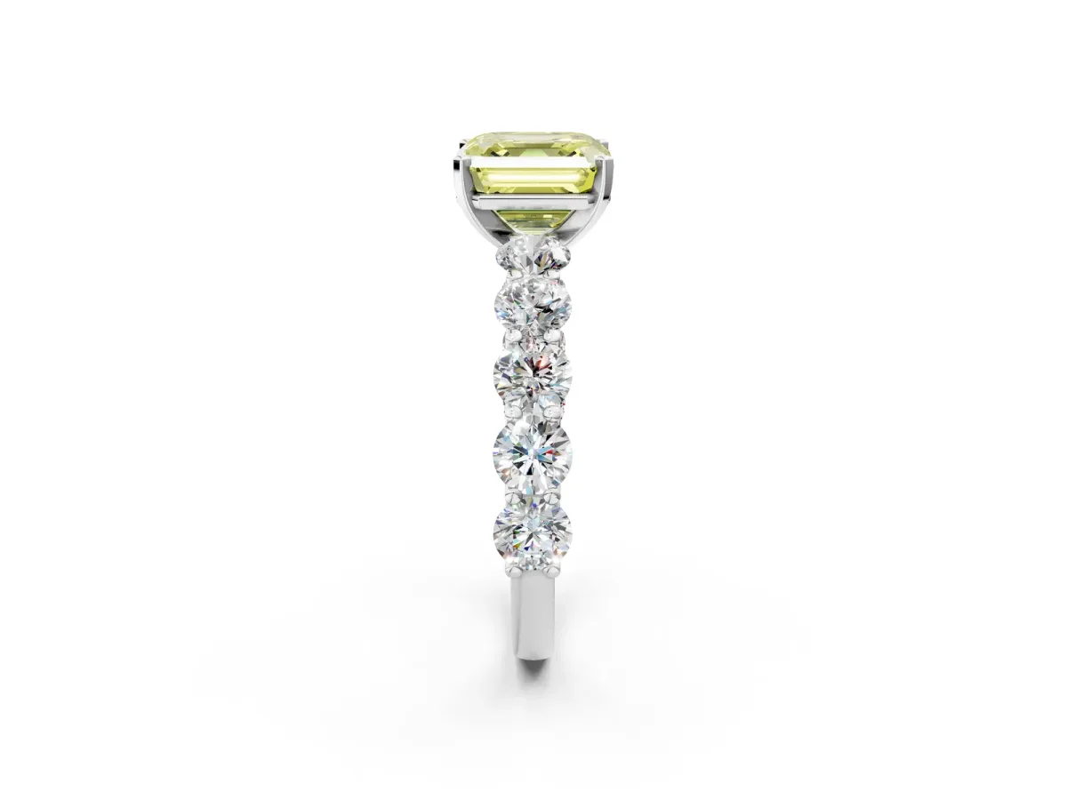 Fancy Yellow Asscher Cut Diamond Prong Setting with Side Stones on a Pave Band Silver