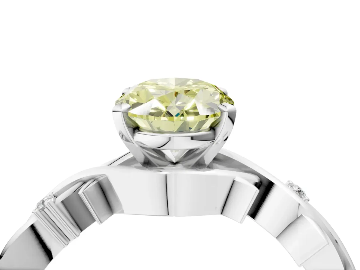 Fancy Yellow Oval Cut Diamond Solitaire Ring with Twisted Band and Prong Setting Platinum