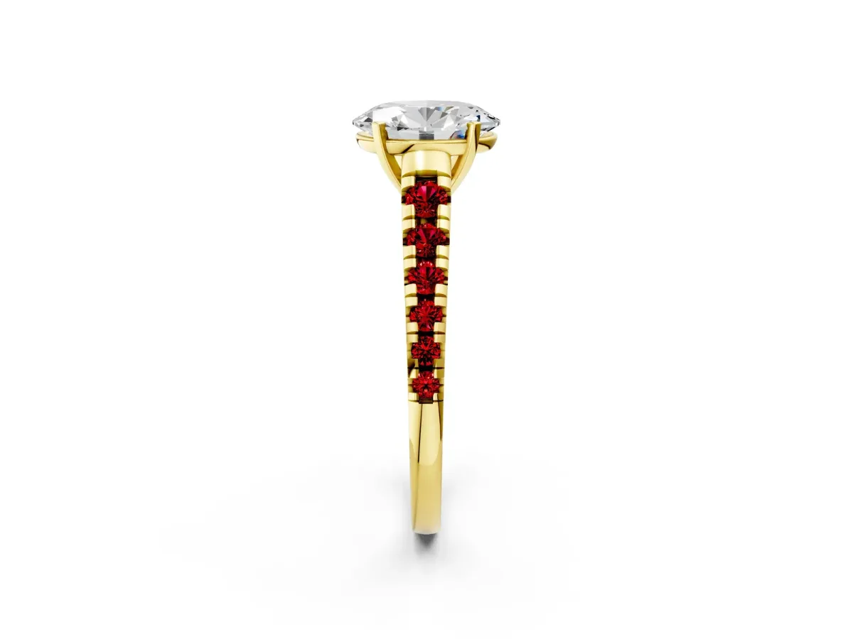 Oval Cut Diamond Cathedral Solitaire Ring with Round Ruby Pavé Band Yellow gold