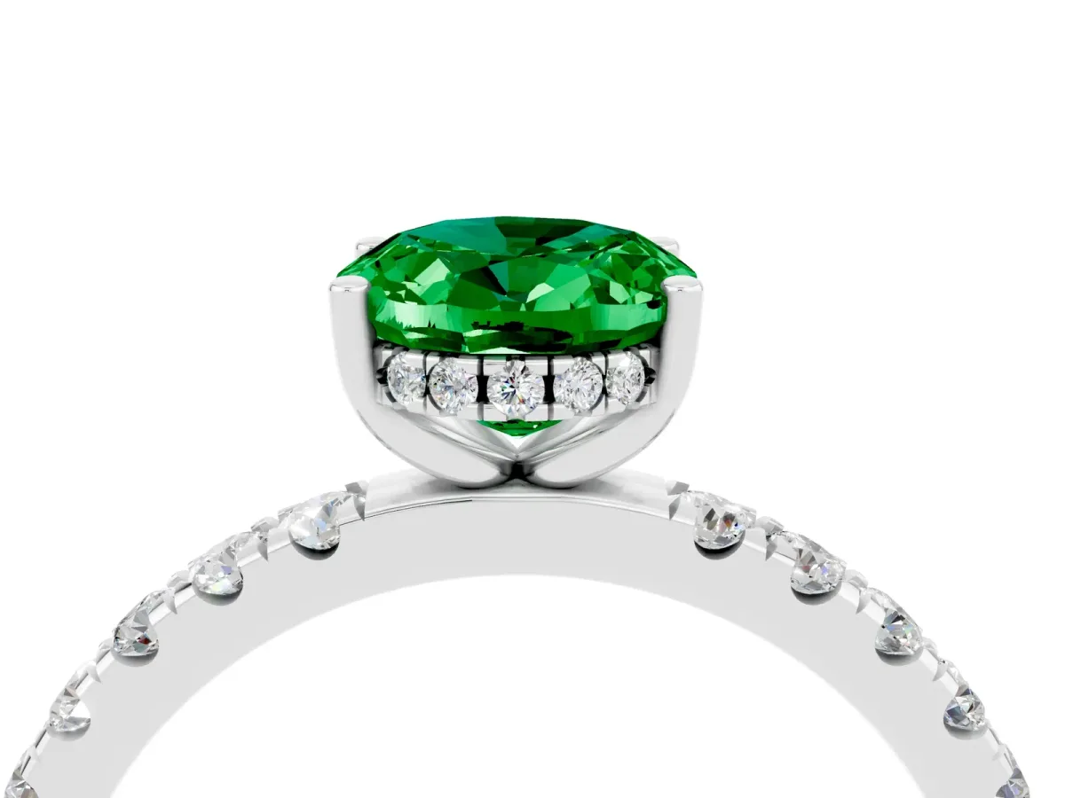 Oval Cut Emerald Pave Band Solitaire Ring with Round and Prong Setting Platinum