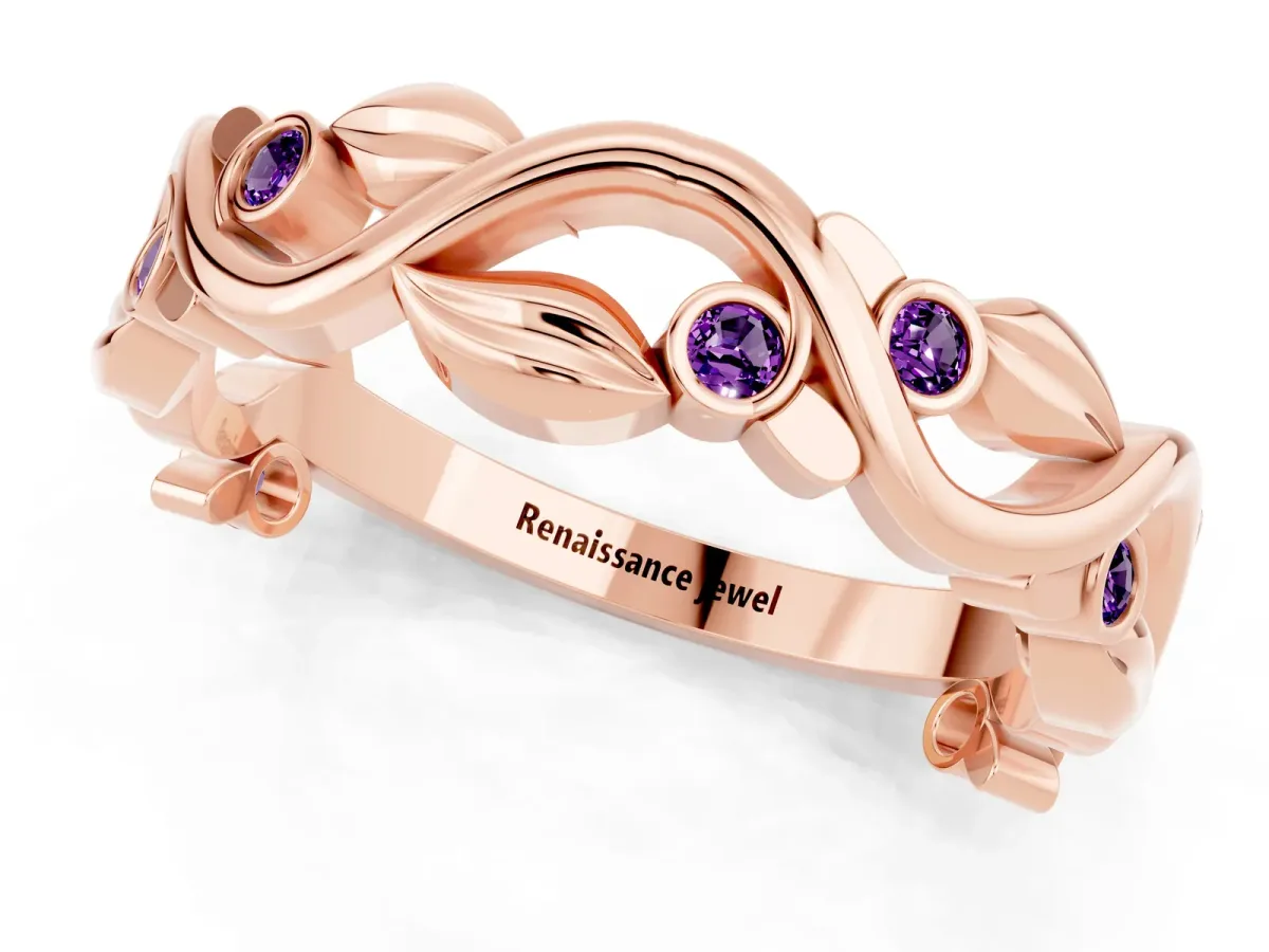 Round Amethyst Leaf Eternity Band with Bezel Setting Rose gold