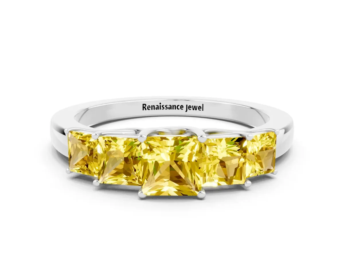 Princess Cut Five-Stone Yellow Sapphire Ring with Classic Prong Setting White gold