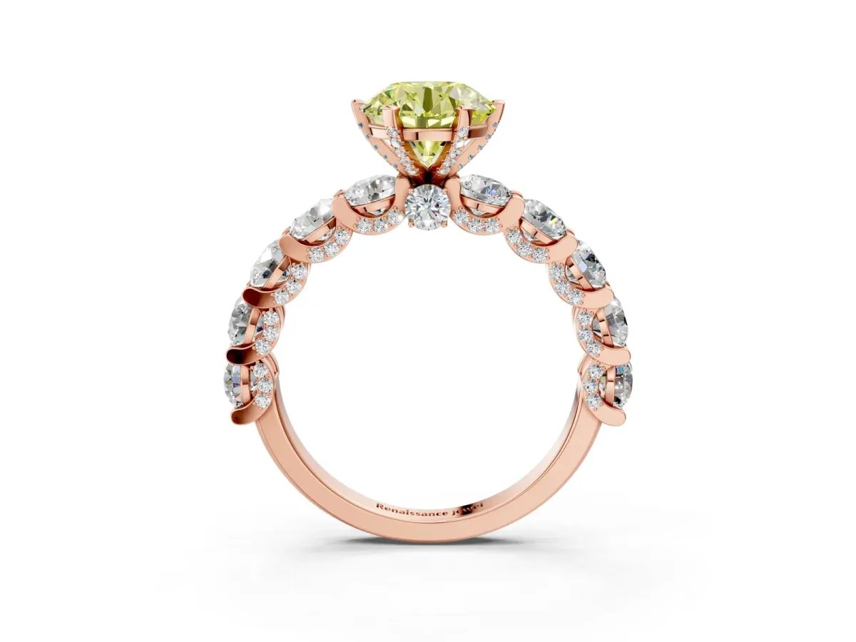 Fancy Yellow Round Cut Diamond Side Stone Engagement Ring with Four-Prong Setting Rose gold