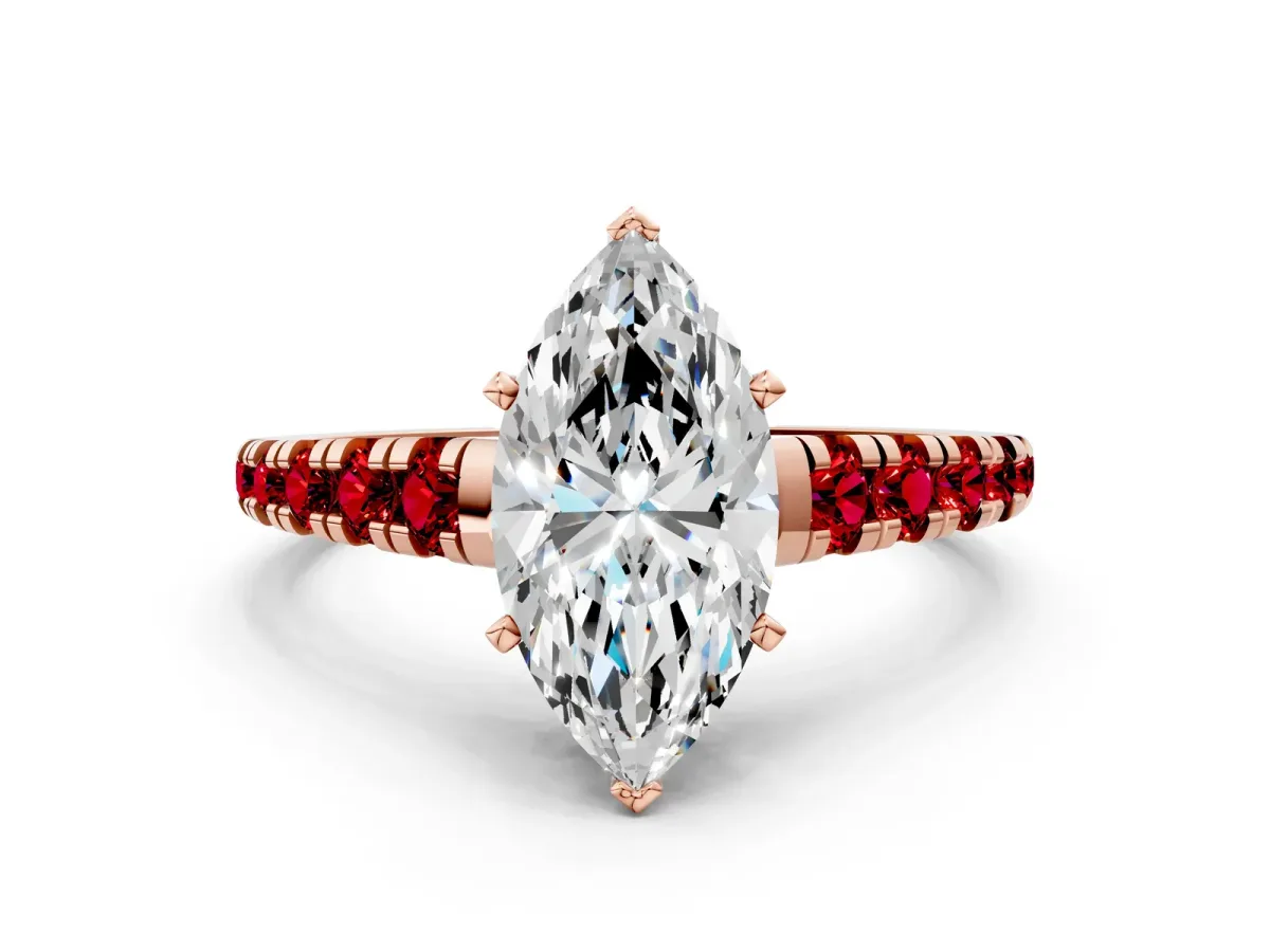 Marquise Cut Diamond Cathedral Solitaire Ring with Round Ruby Pavé Band Rose gold