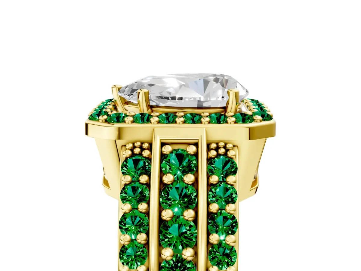 Pear Cut Halo Diamond Ring with Round Emerald Split Shank and Prong Setting Yellow gold