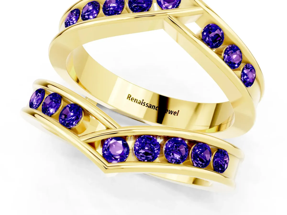 Round Tanzanite Channel-Set Chevron Band Yellow gold