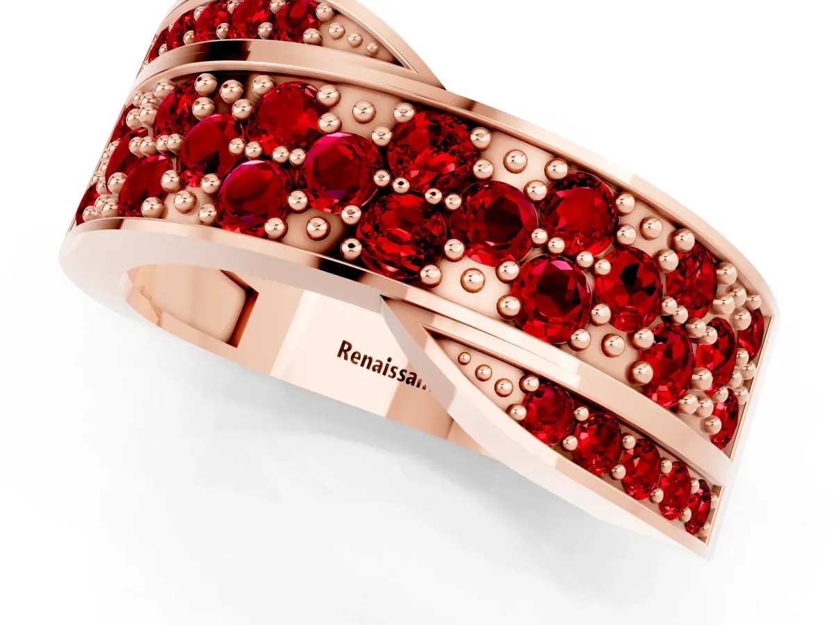 Pavé Round Ruby Crossover Band with Bead Prong Setting Rose gold