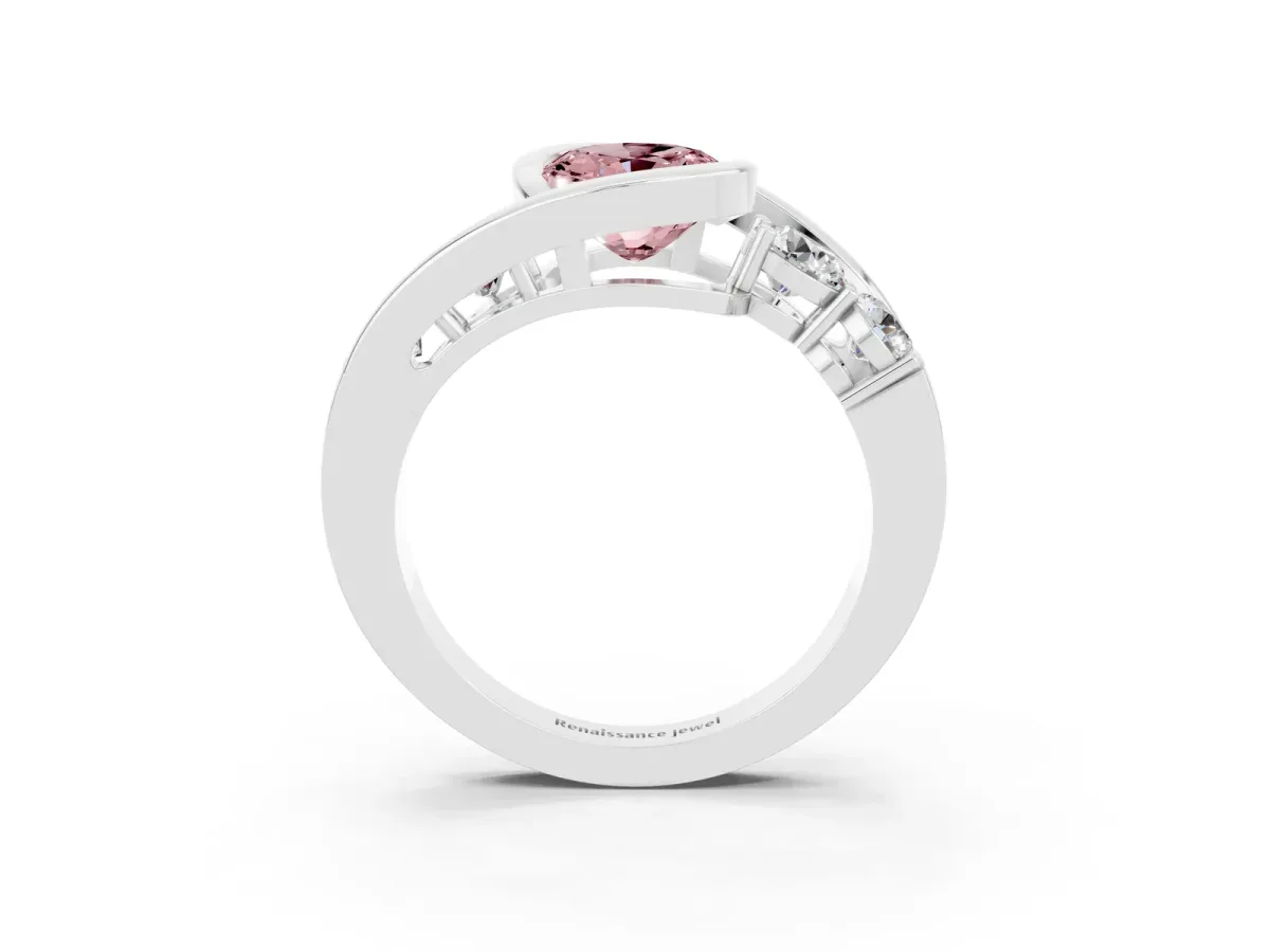 Bezel Set Oval Cut Morganite Bypass Ring with Round Accents Silver