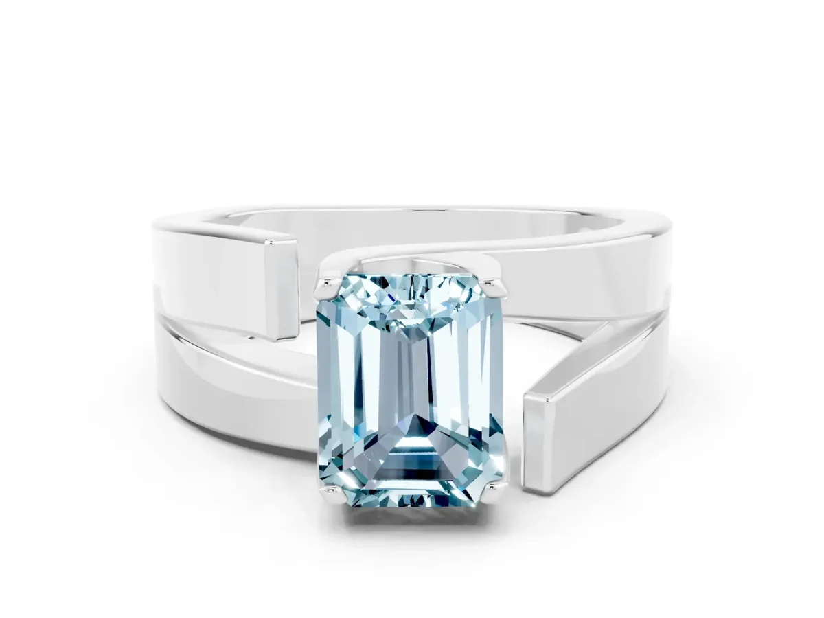 Modern Tension Set Emerald Cut Aquamarine Solitaire Wide Band Ring Silver