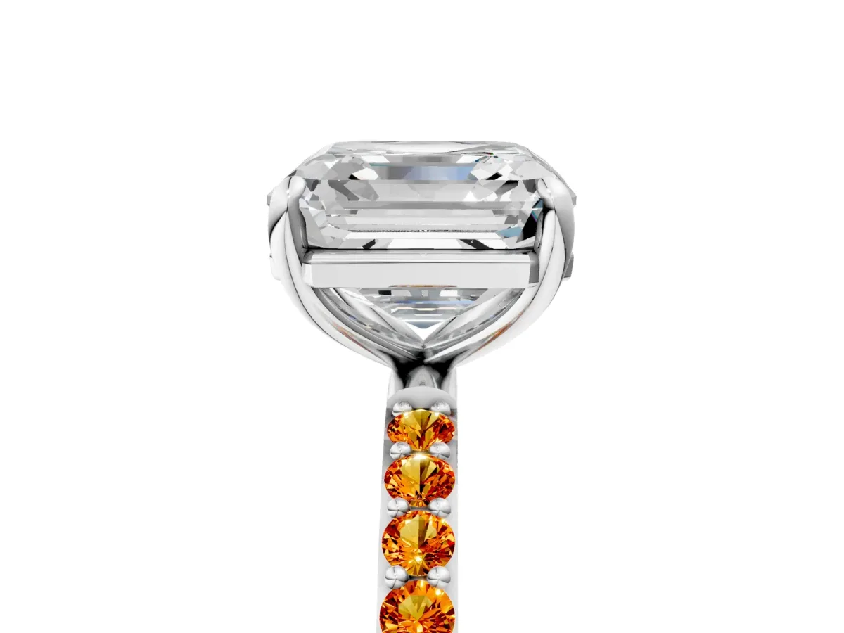 Asscher Cut Diamond Solitaire Ring with Round Citrine Pavé Band and Prong Setting Silver